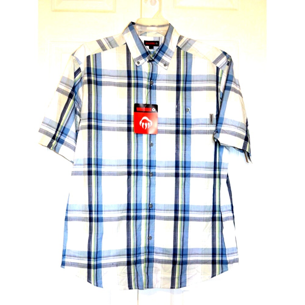 Wolverine Petosky Shirt Men's Size L Short Sleeve‎ White Blue Green Gray Plaid